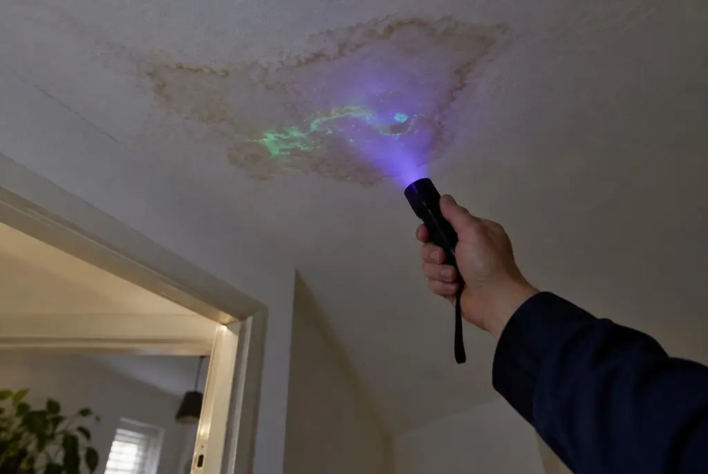 Lekdetectie Leidschendam – kleurstof controleren op het plafond met uv-licht