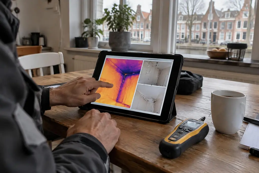 Lekdetectie Leidschendam – lekdetectierapport met warmtebeelden en foto's op een tablet