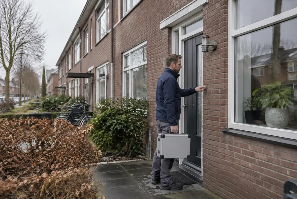 Lekdetectiespecialist met meetkoffer bij de voordeur van een woning in Leidschendam